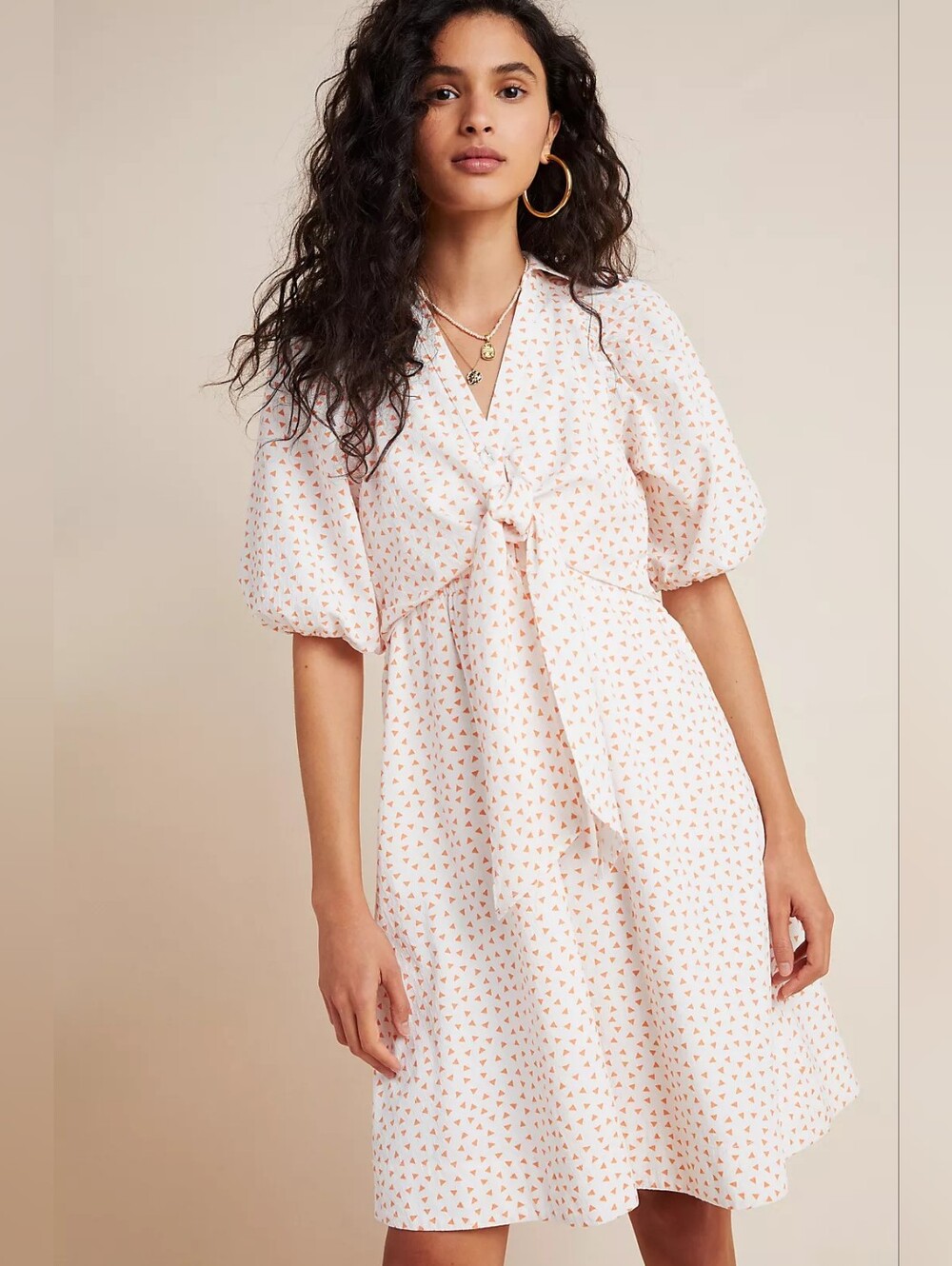 Maeve Rhodes Shirtdress Puff-Sleeve Tie-Front Dress Peach Triangle w/ Pockets-4P